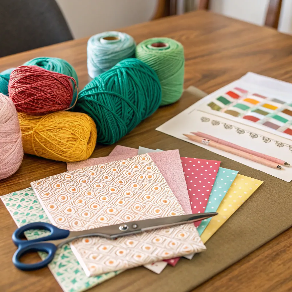 A variety of handicraft supplies including yarn, scissors, and paper